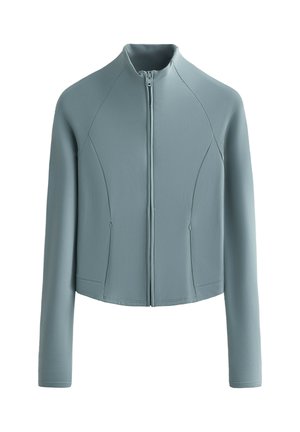 Svetlo modra jopa na zadrgo z visokim ovratnikom, dolgimi rokavi in šivi na sprednji strani. Iz mehkega, gladkega materiala.