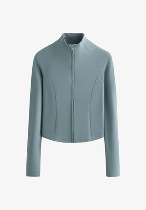 Hellblaue Reißverschlussjacke mit hohem Kragen, langen Ärmeln und Nahtdetail vorne. Hergestellt aus weichem, glattem Material.