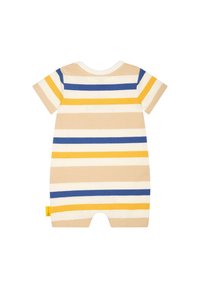 Gestreifter Kurzarm-Overall in Beige mit horizontalen Streifen in Gelb, Blau und Weiß. Baumwollstoff mit rundem Ausschnitt und Druckknopfverschluss.