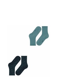 Türkise und marineblaue Socken; türkise einfarbige mit geripptem Bund, marineblaue mit floralem Muster. Beide haben nahtlose Zehen und ein Markenlogo.