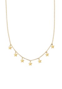 Collar en tono dorado que presenta siete pequeños colgantes en forma de estrella suspendidos de una delicada cadena. Las estrellas tienen un acabado suave y mate.