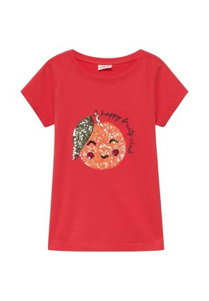 Rode korte mouwen T-shirt met een met pailletten versierde glimlachende oranje en groene bladgrafiek en de tekst "happy fruits club" aan de voorkant.