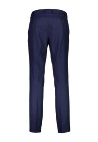 Tailorierte marineblaue Hose mit glatter Textur, Slim-Fit, zwei Gesäßtaschen und dezenten Steppdetails am Bund.