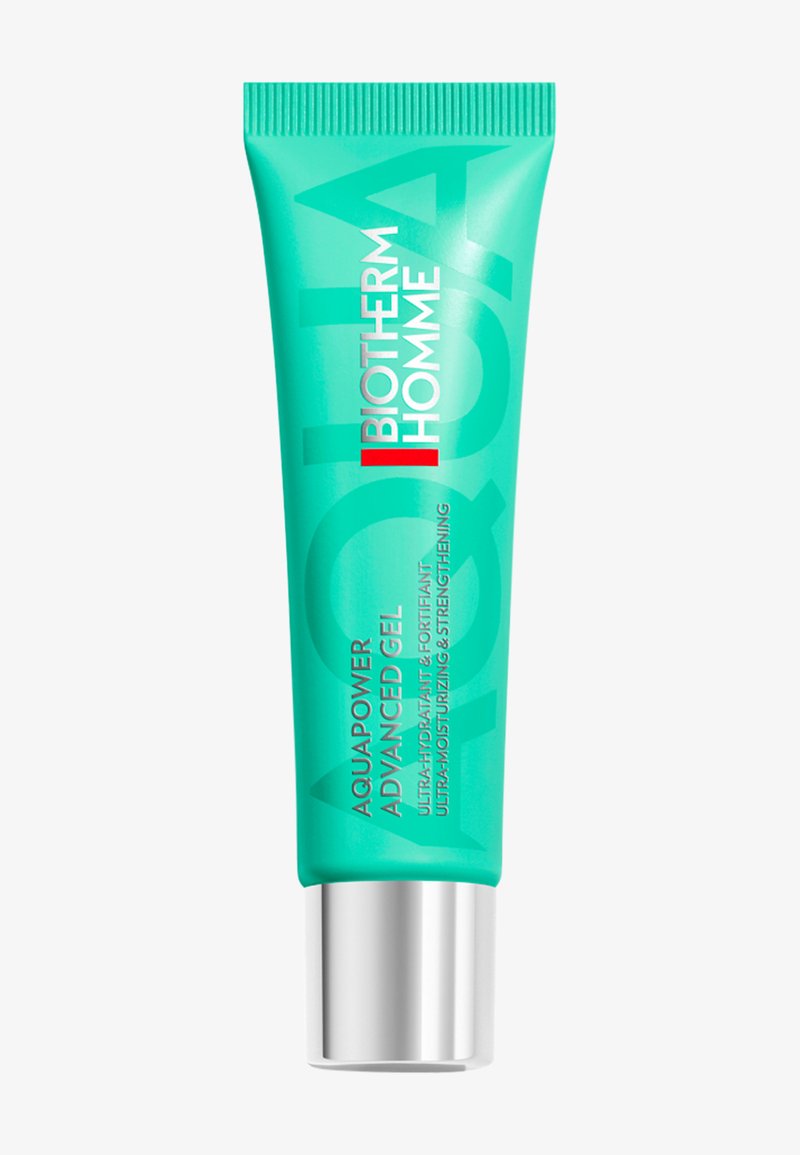 Gel Aquapower Advanced Biotherm Homme en tube turquoise avec bouchon argenté, gel ultra-hydratant et fortifiant pour le soin de la peau des hommes.