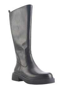 Schwarze Lederstiefelette bis zum Knie mit glatter Oberfläche, abgerundeter Zehenpartie und dicker Gummisohle. Bietet ein elegantes, minimalistisches Design.