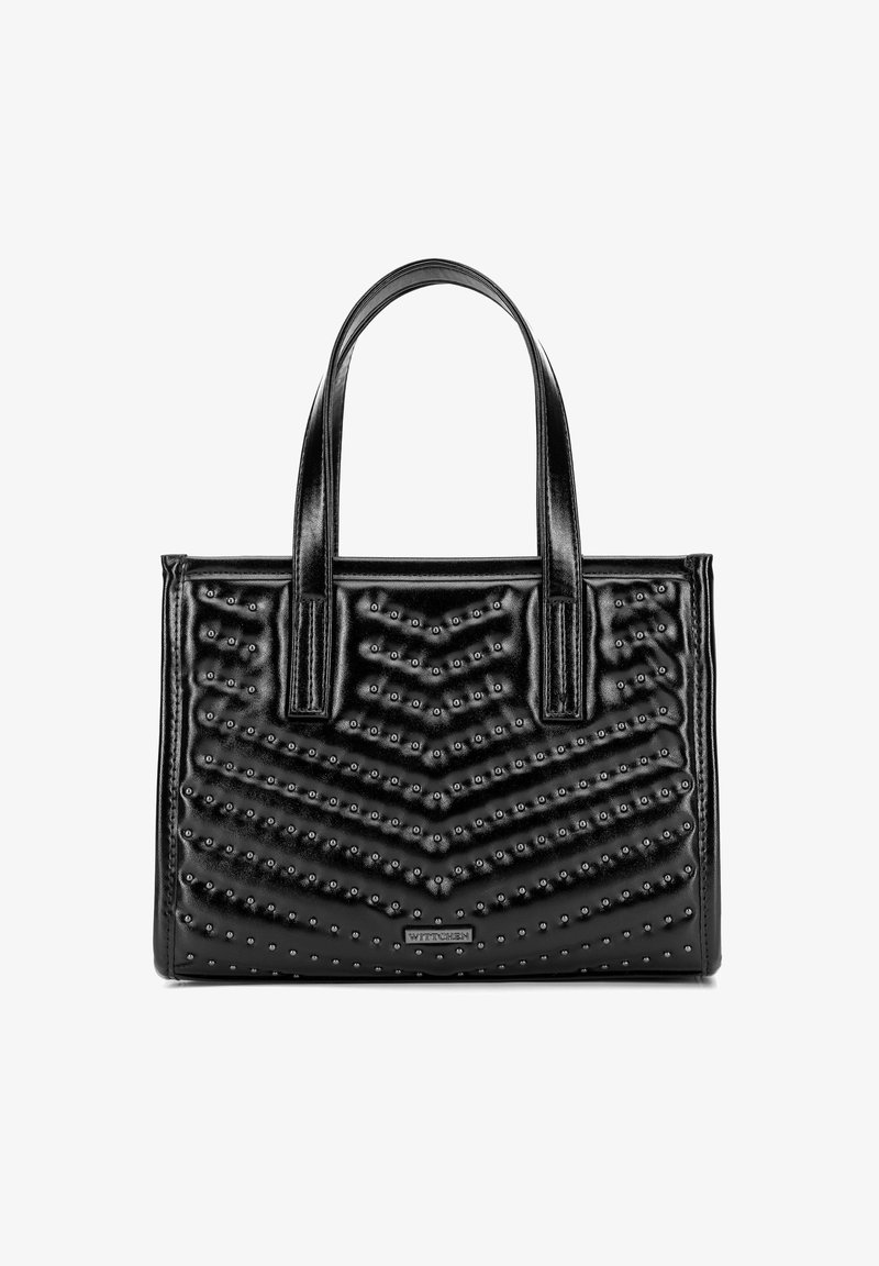 Borsa nera con design trapuntato caratterizzato da motivi a spina di pesce in rilievo e piccole borchie. Doppio manico, realizzata in materiale sintetico liscio.