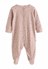 Ljusrosa babygro som är gjord av ribbad tyg, med ett blommönster och tryckknappar. Med fötter, långärmad och med muddar.