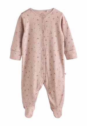 Ljusrosa babygro som är gjord av ribbad tyg, med ett blommönster och tryckknappar. Med fötter, långärmad och med muddar.
