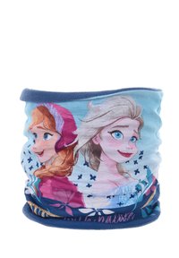 Gaiter multifunzionale per il collo realizzato in un tessuto morbido, con uno sfondo azzurro chiaro e personaggi e motivi in rosa e bianco.