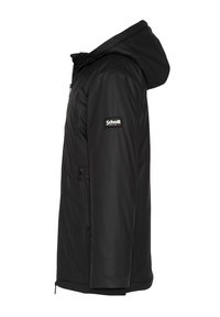 Schwarze leichte Jacke mit Kapuze, Reißverschlusstaschen und einem Logo-Patch am linken Arm. Glatte Textur und elegantes Design.