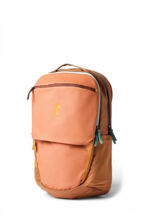 Orange and brown backpack with multiple zippered compartments and a top handle, shown against a white background.