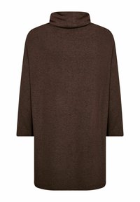 Maglione marrone, oversize, con colletto alto e maniche 3/4, realizzato in un tessuto testurizzato e con orlo dritto, progettato per il comfort.