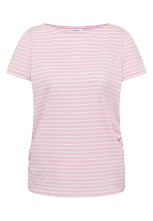 Chemise à manches courtes rayée horizontalement rose pâle et blanche, avec un col rond et des côtés légèrement froncés.