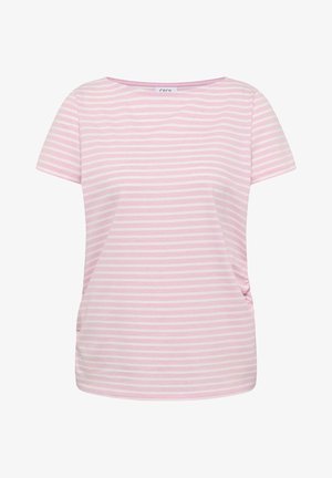 Chemise à manches courtes rayée horizontalement rose pâle et blanche, avec un col rond et des côtés légèrement froncés.