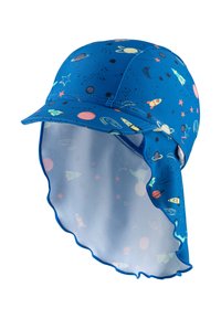 Blue UV-protective cap with a curved brim. Features a colorful space-themed design, including rockets and planets, and a neck flap for coverage.