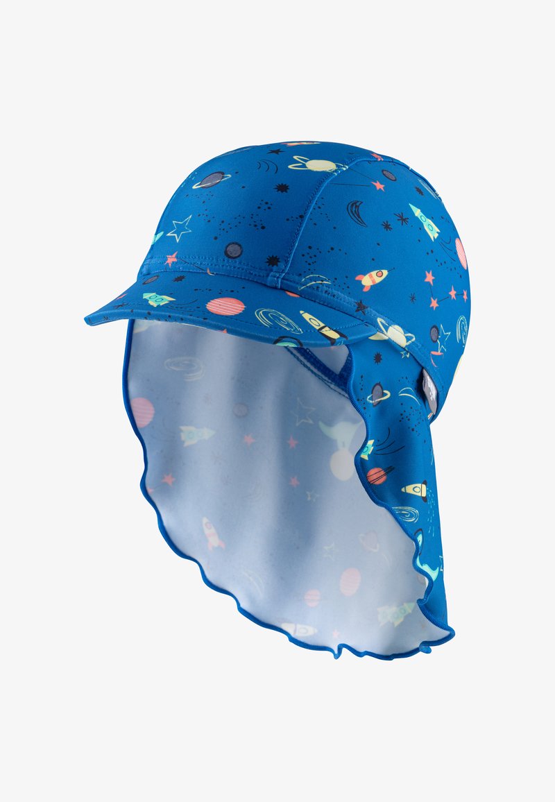 Blaues UV-schutzfähiges Cap mit gebogenem Schirm. Verfügt über ein farbenfrohes, weltraumthematisches Design mit Raketen und Planeten sowie einer Nackenklappe für zusätzlichen Schutz.