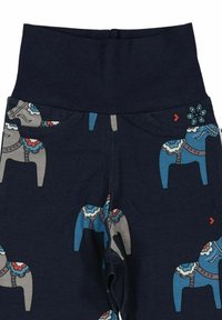 Marina leggings med hög midja som har ett upprepat elefantmönster i blått, grått och rött, accentuerat med blommönster och hjärtan.