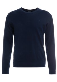 Granatowa bluza wykonana z bawełny, z okrągłym dekoltem, długimi rękawami oraz ściągaczem na dole. Subtelne logo na piersi.