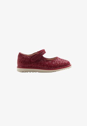 Rote Glitzer-Mary-Jane-Schuhe mit einem Riemen, runder Spitze, flacher weißer Sohle und einer strukturierten Oberfläche, die für Komfort und Stabilität ausgelegt sind.