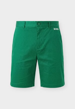 Grønne herrecasualshorts med frontknapp, beltestropper og "BORG"-logo på høyre hofte, vist mot en ensfarget bakgrunn.