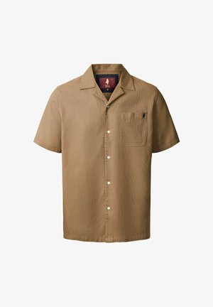 Herren-Hemd mit kurzen Ärmeln, hellbraun, zum Knöpfen, mit Camp-Kragen und Brusttasche, die ein kleines schwarzes, gesticktes Logo trägt.