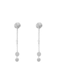 Zilveren oorbellen met een gladde koepelstud bevestiging en hangende kettingen met aan het einde twee ronde schijven. Strakke en minimalistische ontwerp.