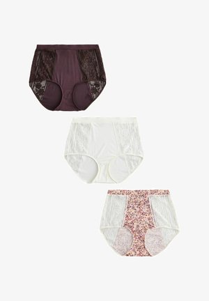 Trzy pary damskich majtek z wysokim stanem. Kolory: ciemnofioletowy, biały i w kwiaty. Koronkowe wykończenie po bokach. Miękka tkanina.