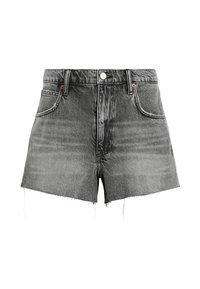 Shorts en denim noir délavé avec une taille haute, un ourlet effiloché et des poches latérales. Dotés d'un bouton en métal à l'avant et de passants de ceinture.