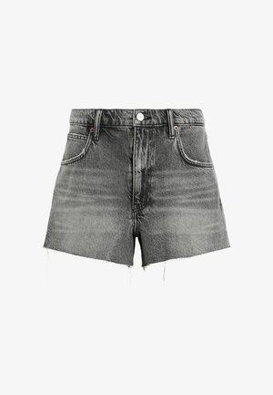 Jeansshorts in gewaschenem Schwarz mit hohem Bund, ausgefransten Säumen und Seitentaschen. Mit einem vorderen Metallknopf und Gürtelschlaufen.