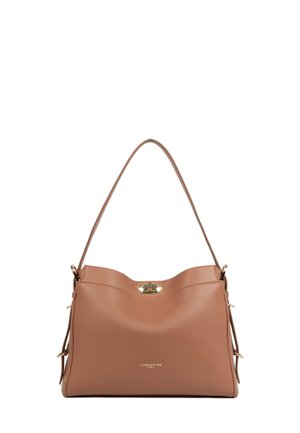 Borsa a tracolla in pelle color tan con una sola tracolla, chiusura con fibbia dorata e logo "Lancaster Paris" al centro anteriore.