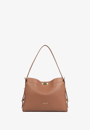 Sac à main en cuir tan avec une seule bandoulière, fermeture à clapet doré et logo "Lancaster Paris" au centre avant.
