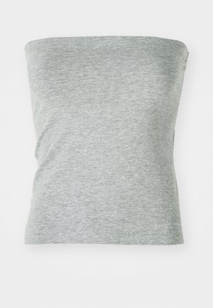 Gray strapless top made of soft, stretchy fabric. Features a simple design with a smooth texture and no visible seams.