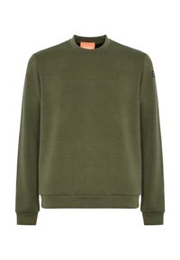 Felpa verde oliva con scollatura a girocollo, maniche lunghe e polsini a costine. Presenta una cucitura orizzontale sul petto e un'etichetta con il marchio.