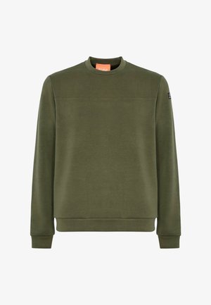 Felpa verde oliva con scollatura a girocollo, maniche lunghe e polsini a costine. Presenta una cucitura orizzontale sul petto e un'etichetta con il marchio.