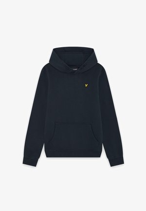 Sweat à capuche bleu marine avec poche kangourou à l'avant et petit logo oiseau jaune sur la poitrine gauche, présenté sur fond blanc.