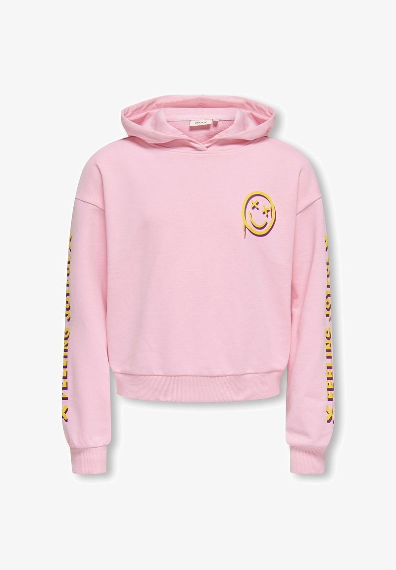 Roosa kapuutsiga dressipluus pehmest kangast. Rinnal on kollane naeratusikoon ja varrukal julge tekst "TUNNE HEAOLU".