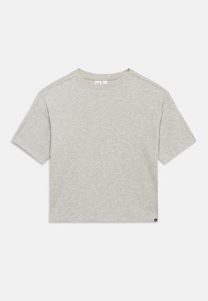 Lysegrå, kortermet T-skjorte i ribbet bomull med rund hals og liten stoffetikett nederst på kanten.