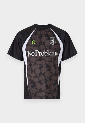 Short-sleeve black sports jersey with alien pattern, white accents, and "No Problem" text. Made of breathable material with a round neckline.