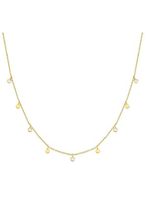 Collier délicat en chaîne d'or avec des petits disques d'or alternés et des breloques rondes en pierre précieuse blanche espacées uniformément le long de la chaîne.