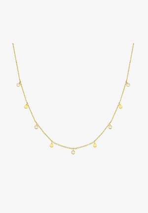 Collier délicat en chaîne d'or avec des petits disques d'or alternés et des breloques rondes en pierre précieuse blanche espacées uniformément le long de la chaîne.