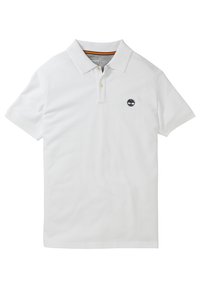 Weißes Poloshirt aus Baumwolle, mit einem kragenförmigen Ausschnitt, einer Drei-Knopf-Leiste und einem kleinen, navy blauen Logo auf der Brust. Kurze Ärmel.