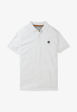 Biała koszulka polo wykonana z bawełny, z kołnierzykiem, trzema guzikami oraz małym granatowym logo na piersi. Krótkie rękawy.