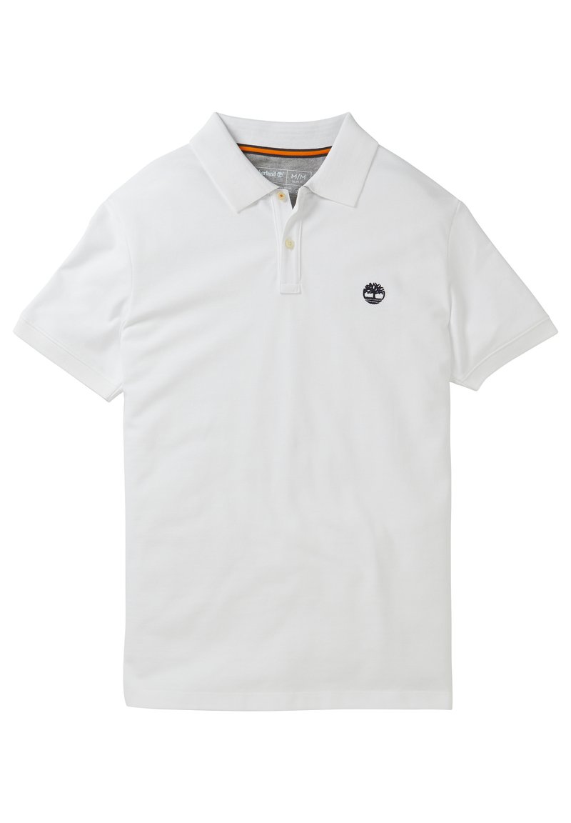 Weißes Poloshirt aus Baumwolle, mit einem kragenförmigen Ausschnitt, einer Drei-Knopf-Leiste und einem kleinen, navy blauen Logo auf der Brust. Kurze Ärmel.