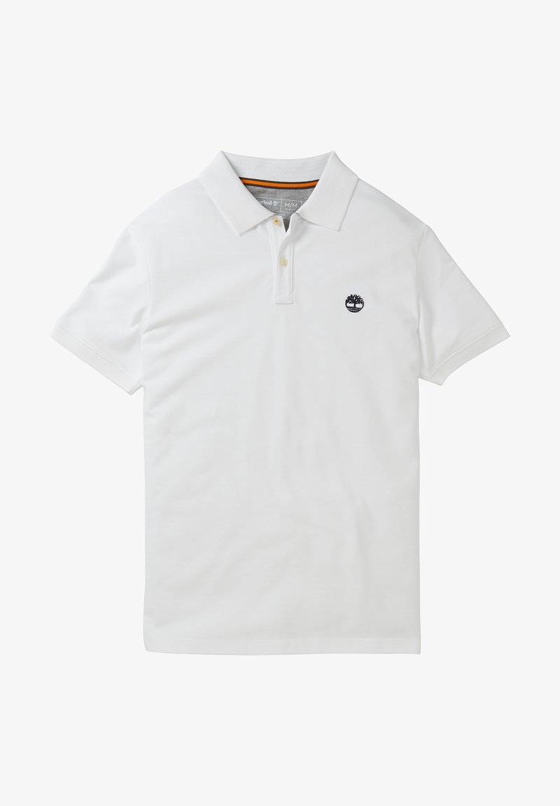 Weißes Poloshirt aus Baumwolle, mit einem kragenförmigen Ausschnitt, einer Drei-Knopf-Leiste und einem kleinen, navy blauen Logo auf der Brust. Kurze Ärmel.