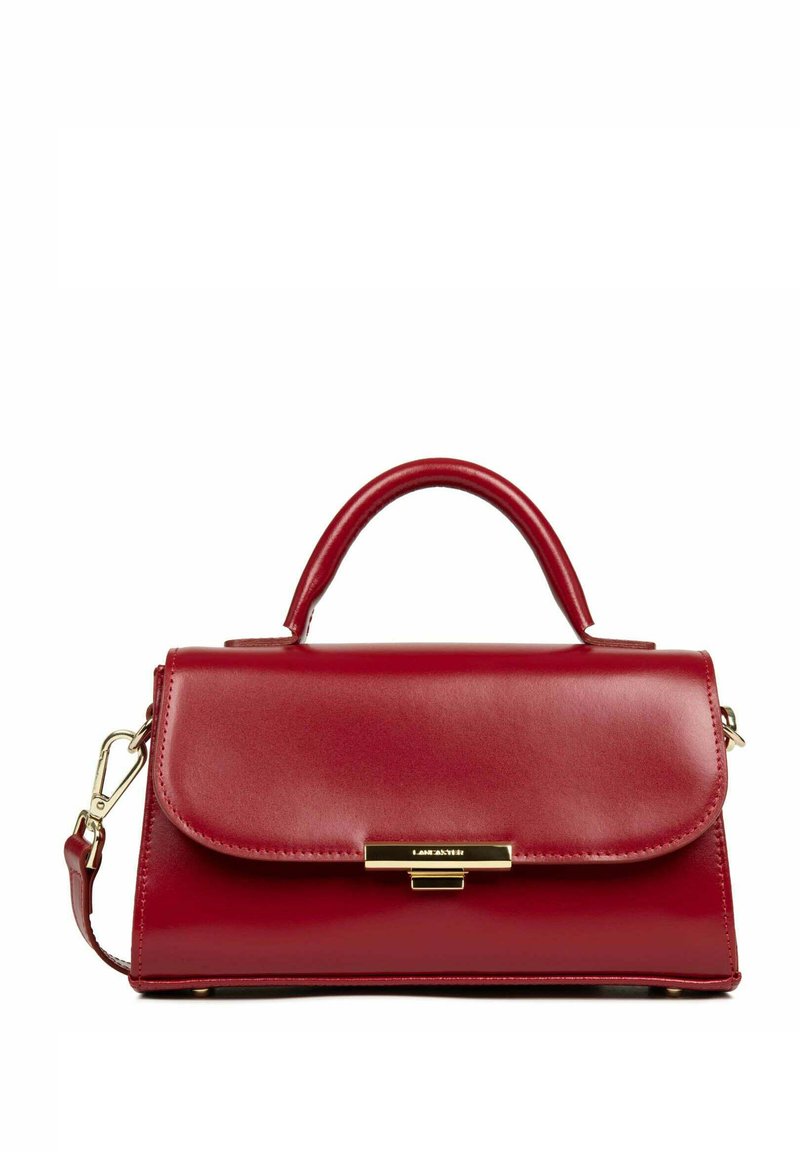 Borsa a mano in pelle rossa con una forma strutturata, dotata di manico superiore e di una tracolla removibile. Accenti in metallo dorato aggiungono dettagli.