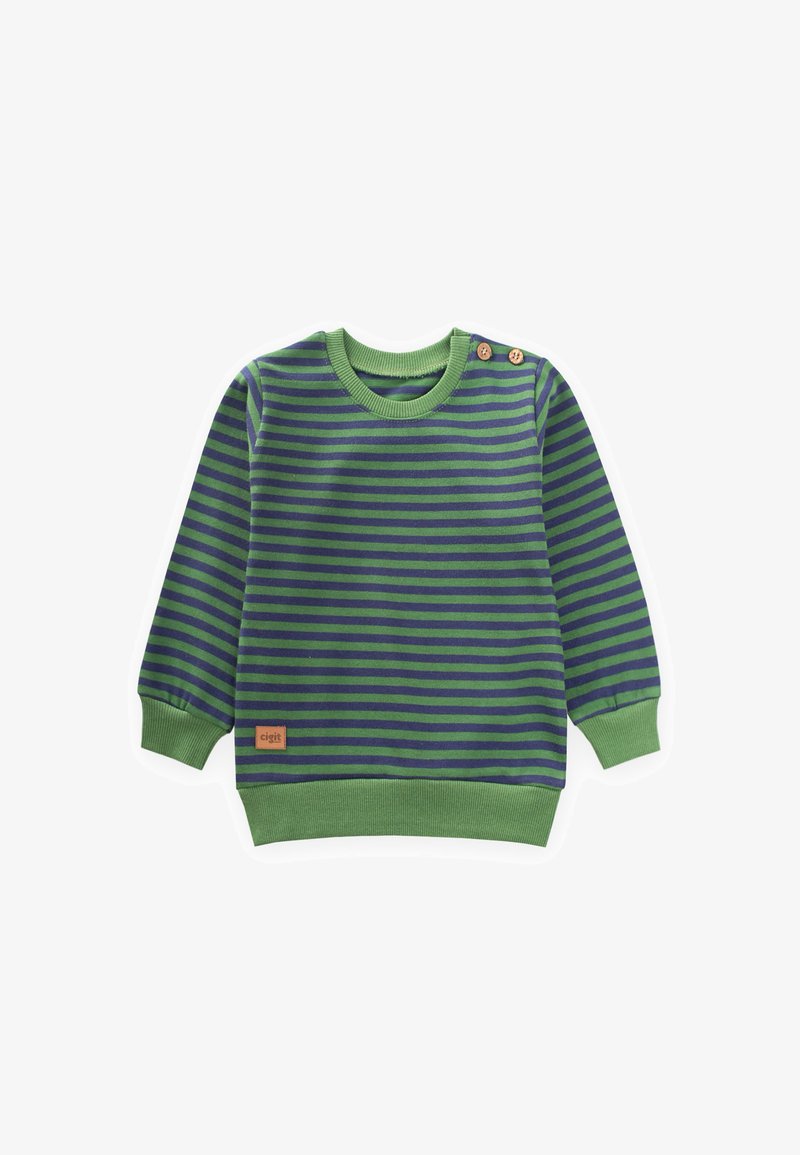 Zeleno-modrá pruhovaná mikina s okrúhlym výstrihom, dlhými rukávmi a dvoma drevenými gombíkmi na pleci. Na leme sa nachádza štítok.