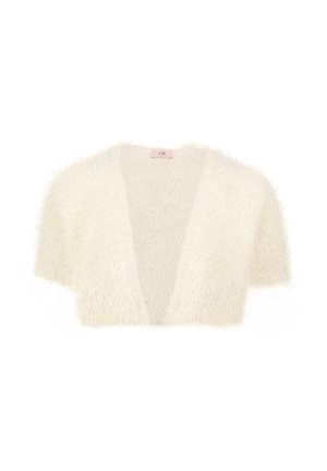 Hvid, fluffy, cropped cardigan med åben front, korte ærmer og blødt, tekstureret stof.