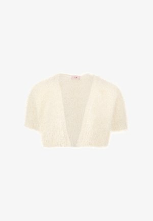 Hvid, fluffy, cropped cardigan med åben front, korte ærmer og blødt, tekstureret stof.
