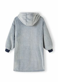 Fuzzy grå oversized hoodie med huva, som har långa, ballongärmar och marinblå ribbade manschetter, i en texturerad och mjuk tyg.