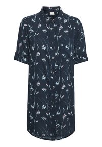 Navy Bluse aus leichtem Stoff mit floralem Muster in Weiß und Rot. Kurze Ärmel mit hochgekrempelten Säumen und einer Brusttasche.